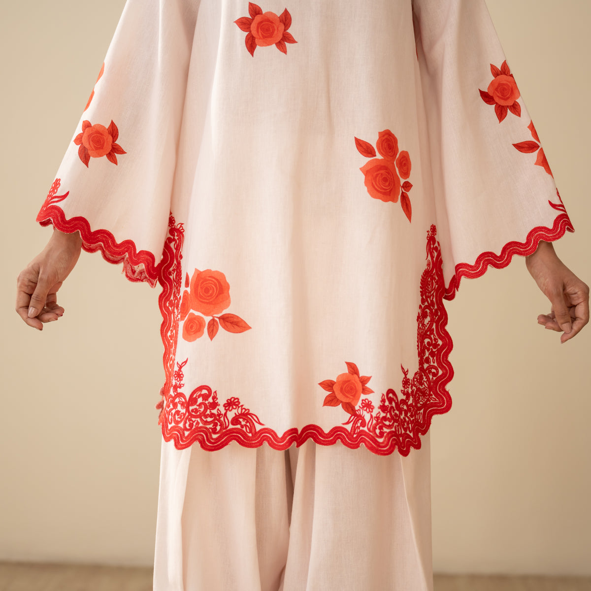 Rose Embroidered Linen Cotton Farshi Coord Set - Sindoori Laal