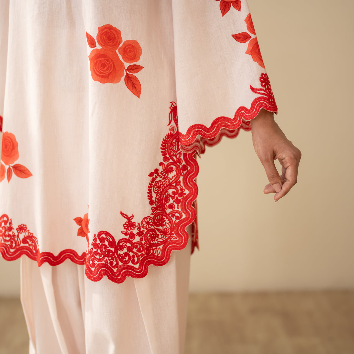 Rose Embroidered Linen Cotton Farshi Coord Set - Sindoori Laal