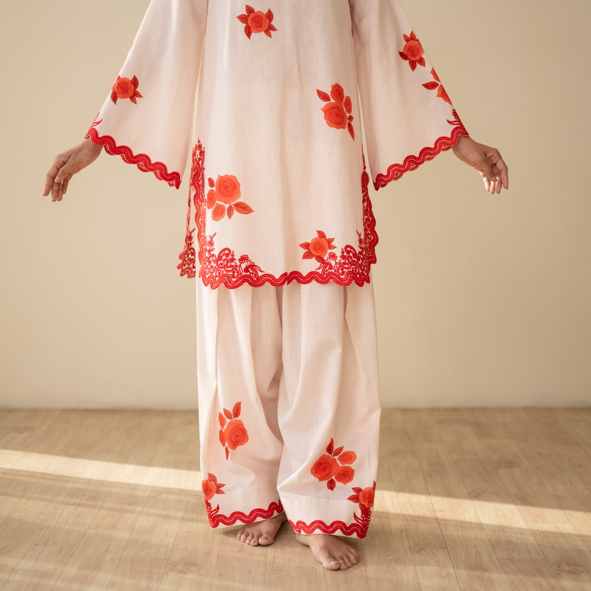 Rose Embroidered Linen Cotton Farshi Coord Set - Sindoori Laal