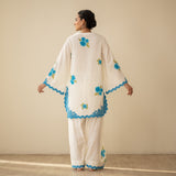 Rose Embroidered Linen Cotton Farshi Coord Set - Azure Blue