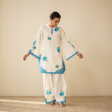 Rose Embroidered Linen Cotton Farshi Coord Set - Azure Blue