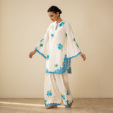 Rose Embroidered Linen Cotton Farshi Coord Set - Azure Blue