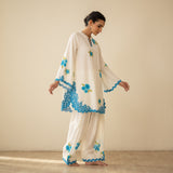 Rose Embroidered Linen Cotton Farshi Coord Set - Azure Blue