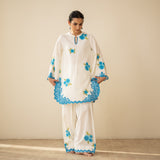Rose Embroidered Linen Cotton Farshi Coord Set - Azure Blue