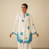 Rose Embroidered Linen Cotton Farshi Coord Set - Azure Blue