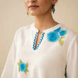 Rose Embroidered Linen Cotton Farshi Coord Set - Azure Blue