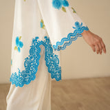 Rose Embroidered Linen Cotton Farshi Coord Set - Azure Blue