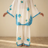 Rose Embroidered Linen Cotton Farshi Coord Set - Azure Blue