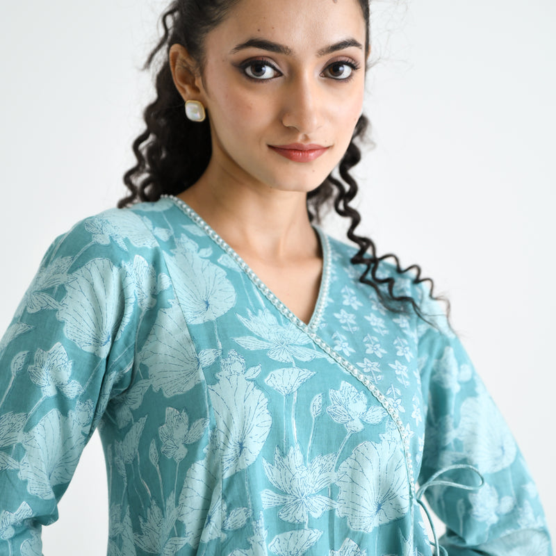 Light Blue Floral Angarakha Cotton Kurta with Embroidered Neckline
