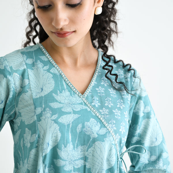 Light Blue Floral Angarakha Cotton Kurta with Embroidered Neckline