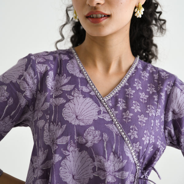 Lavender Floral Angarakha Cotton Kurta with Embroidered Neckline