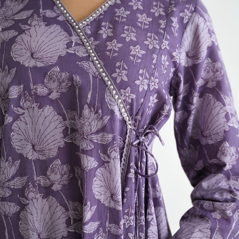 Lavender Floral Angarakha Cotton Kurta with Embroidered Neckline