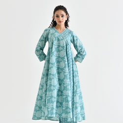 Light Blue Floral Angarakha Cotton Kurta with Embroidered Neckline