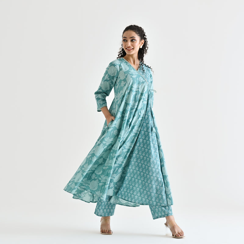 Light Blue Floral Angarakha Cotton Kurta with Embroidered Neckline