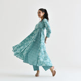 Light Blue Floral Angarakha Cotton Kurta with Embroidered Neckline