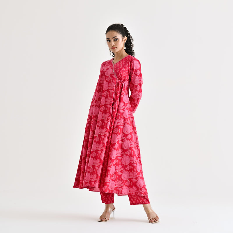 Red Floral Angarakha Cotton Kurta with Embroidered Neckline