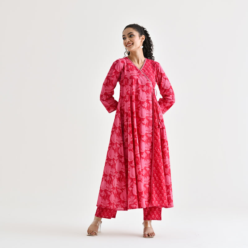 Red Floral Angarakha Cotton Kurta with Embroidered Neckline