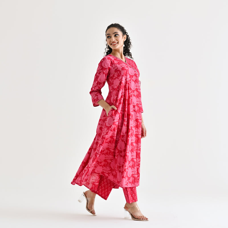 Red Floral Angarakha Cotton Kurta with Embroidered Neckline