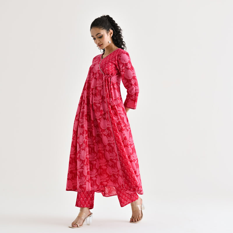 Red Floral Angarakha Cotton Kurta with Embroidered Neckline