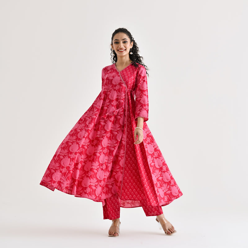 Red Floral Angarakha Cotton Kurta with Embroidered Neckline