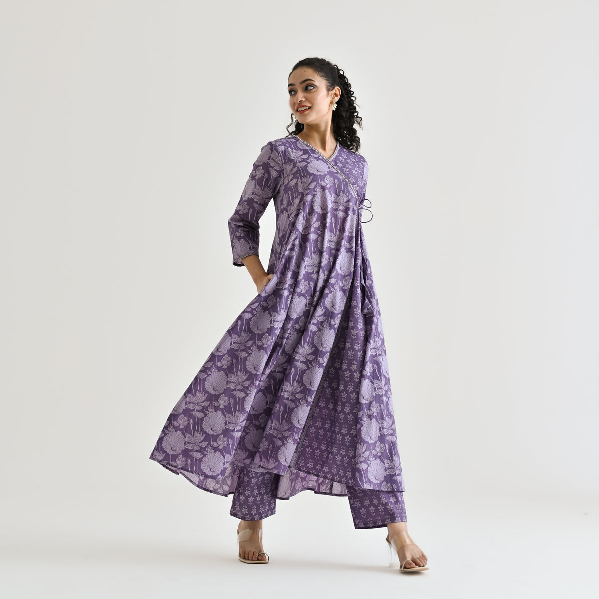 Lavender Floral Angarakha Cotton Kurta with Embroidered Neckline