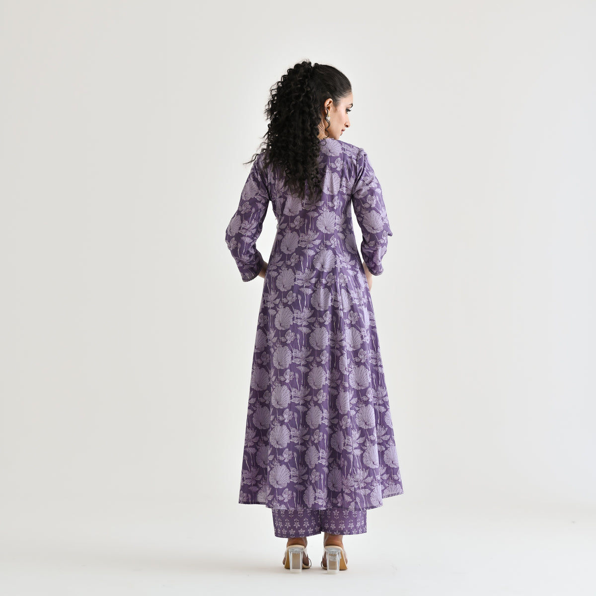 Lavender Floral Angarakha Cotton Kurta with Embroidered Neckline