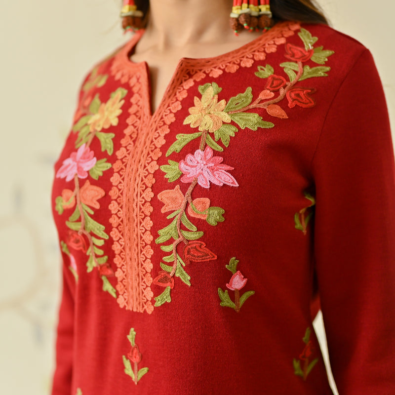 Maroon Woollen Aari Embroidered Floral Kurta