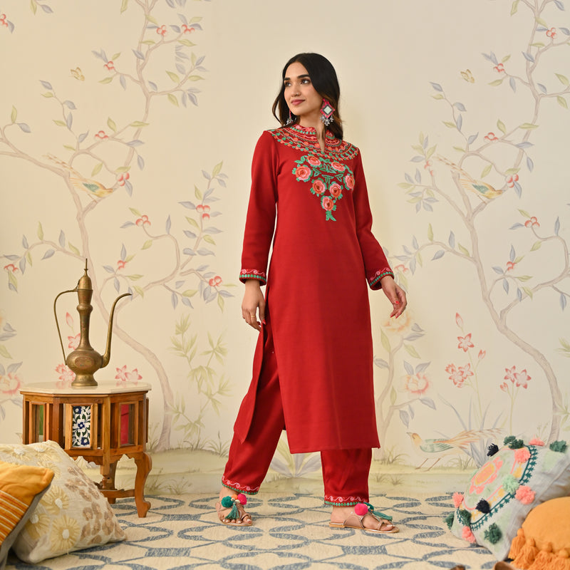 Maroon Woollen Aari Embroidered Floral Kurta with Band Collar