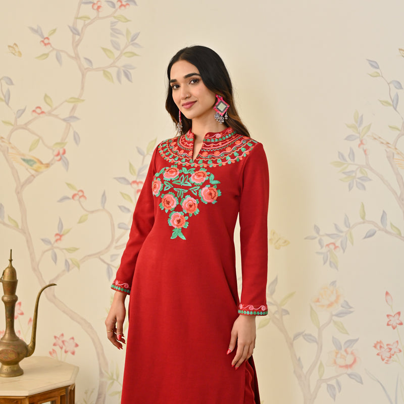 Maroon Woollen Aari Embroidered Floral Kurta with Band Collar