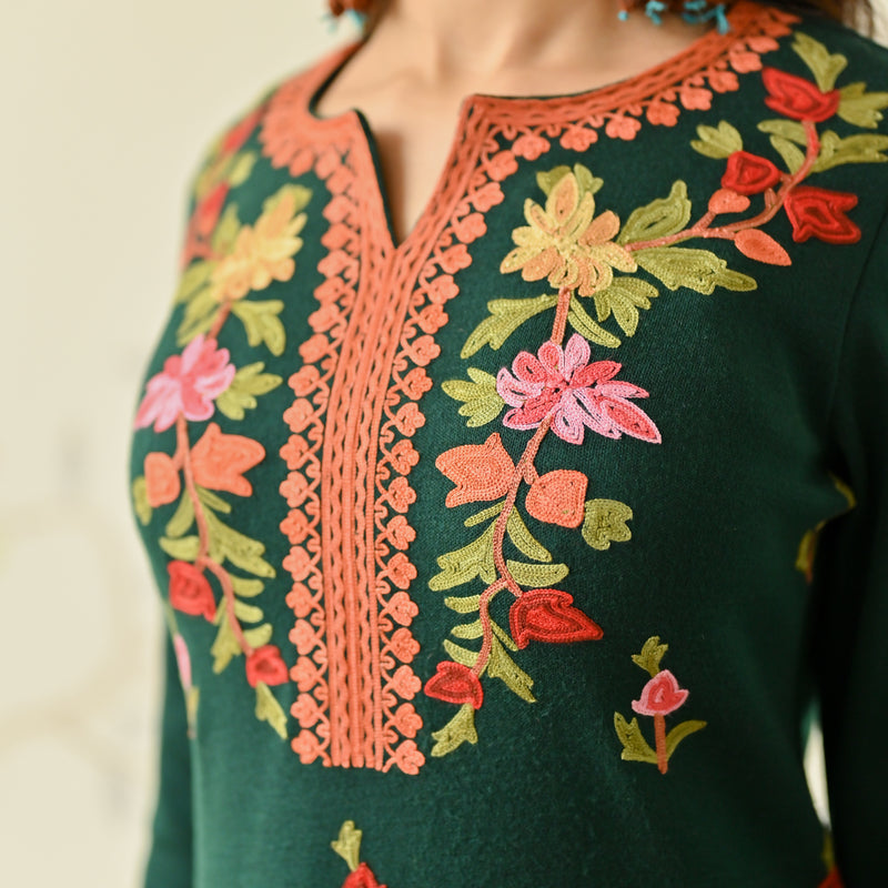 Emerald Green Woollen Aari Embroidered Floral Kurta