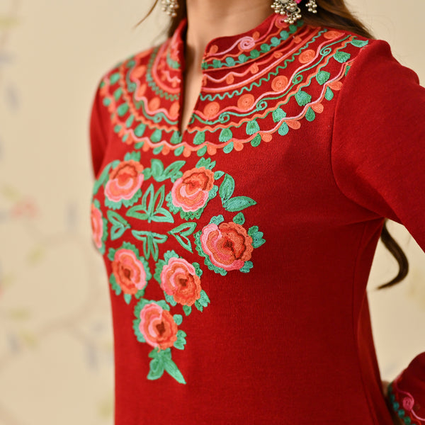 Maroon Woollen Aari Embroidered Floral Kurta Pant Set with Band Collar