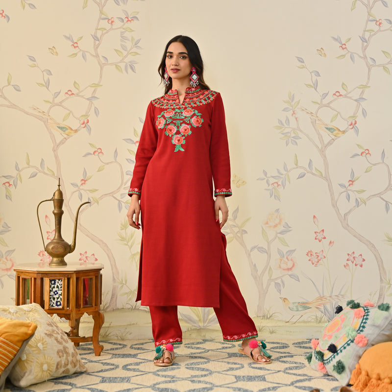 Maroon Woollen Aari Embroidered Floral Kurta with Band Collar