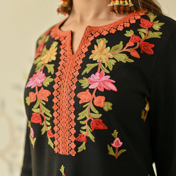 Black Woollen Aari Embroidered Floral Kurta