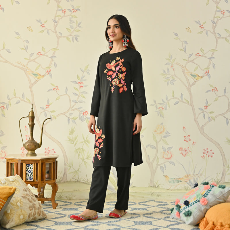 Black Woollen Aari Embroidered Floral Kurta with Flared Sleeves