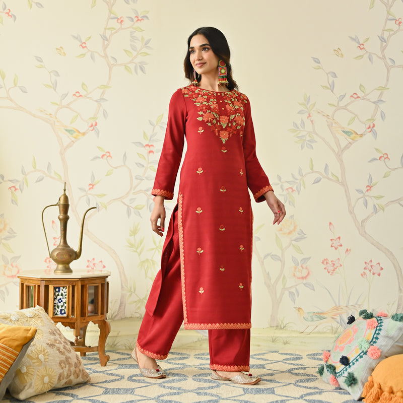 Maroon Woollen Aari Embroidered Floral Kurta