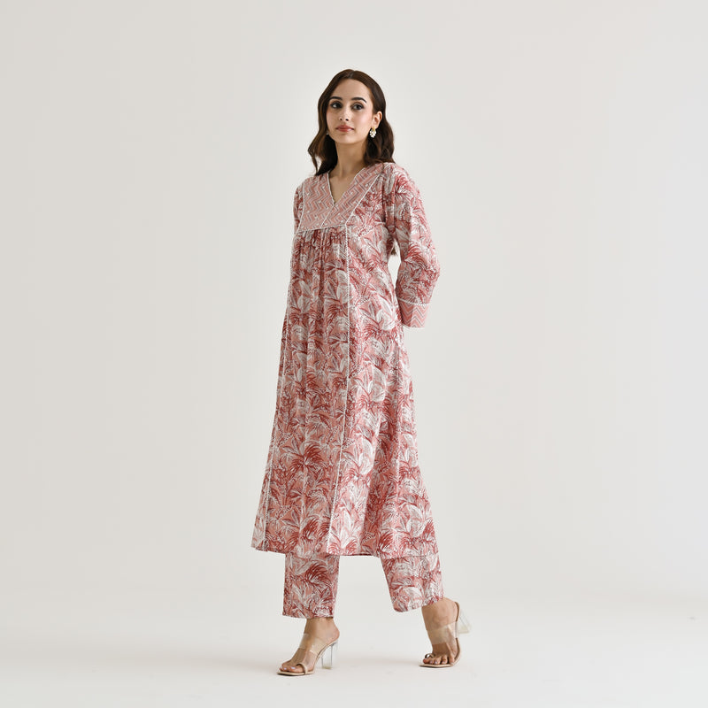 Dusty Peach Sanganeri Cotton Kurta with Embroidery & Lace Details