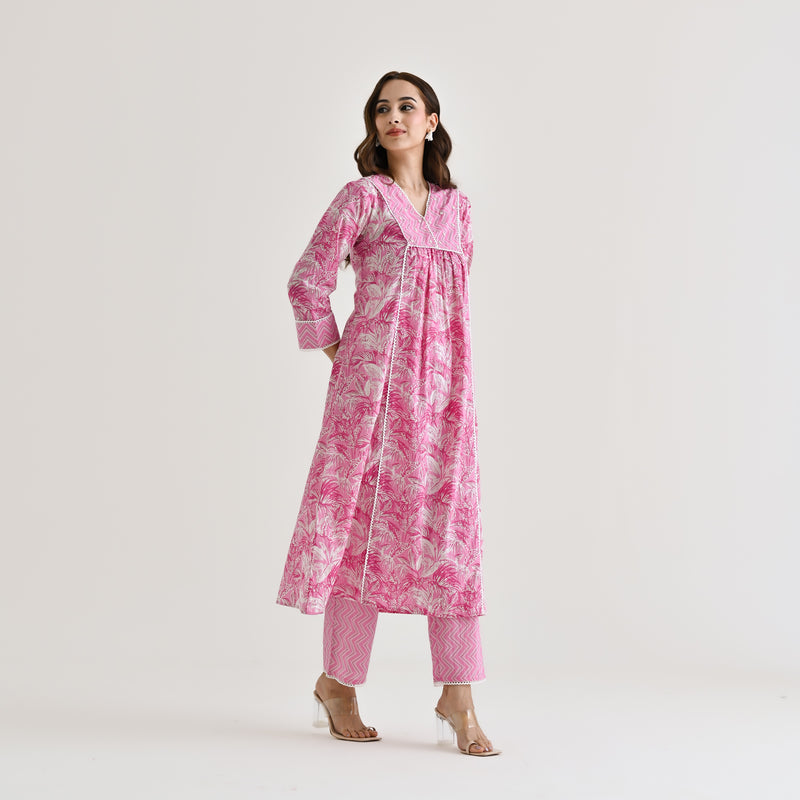 Baby Pink Sanganeri Cotton Kurta with Embroidery & Lace Details