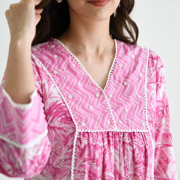 Baby Pink Sanganeri Cotton Kurta with Embroidery & Lace Details