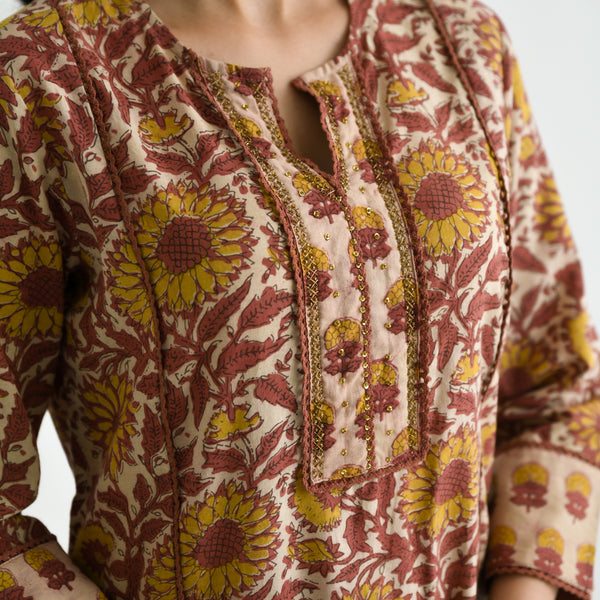 Beige Sanganeri Cotton Kurta with Embroidered Neckline Detail