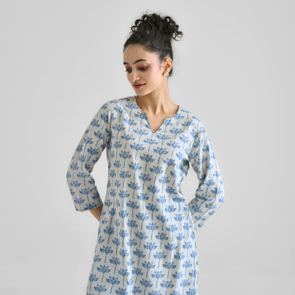 Light Blue Lotus Dabu Inspired Cotton Kurta with Notch Neckline