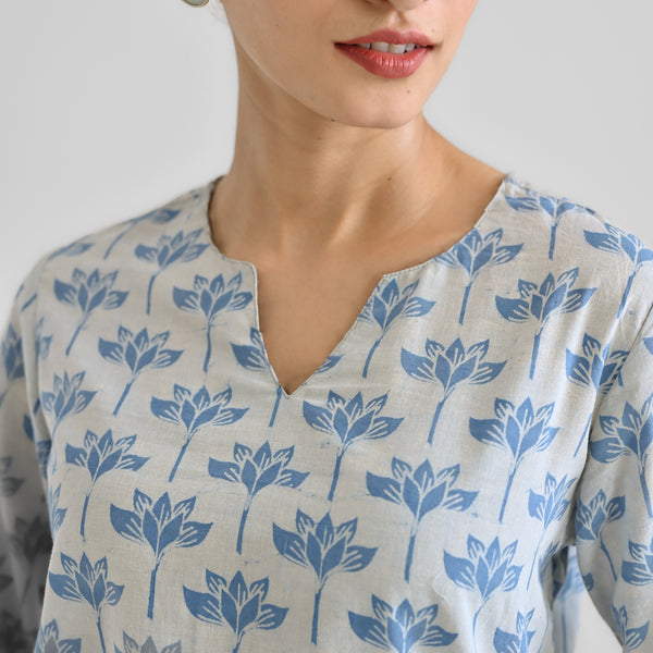 Light Blue Lotus Dabu Inspired Cotton Kurta with Notch Neckline
