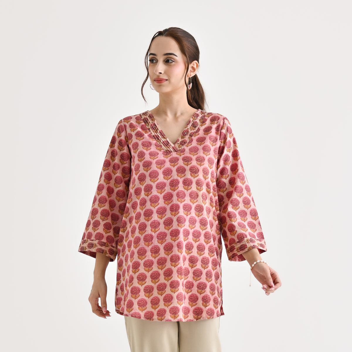 Pink Sanganeri Inspired Floral Cotton Tunic with Pintuck Neckline