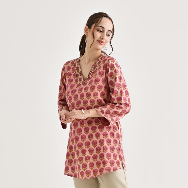 Pink Sanganeri Inspired Floral Cotton Tunic with Pintuck Neckline