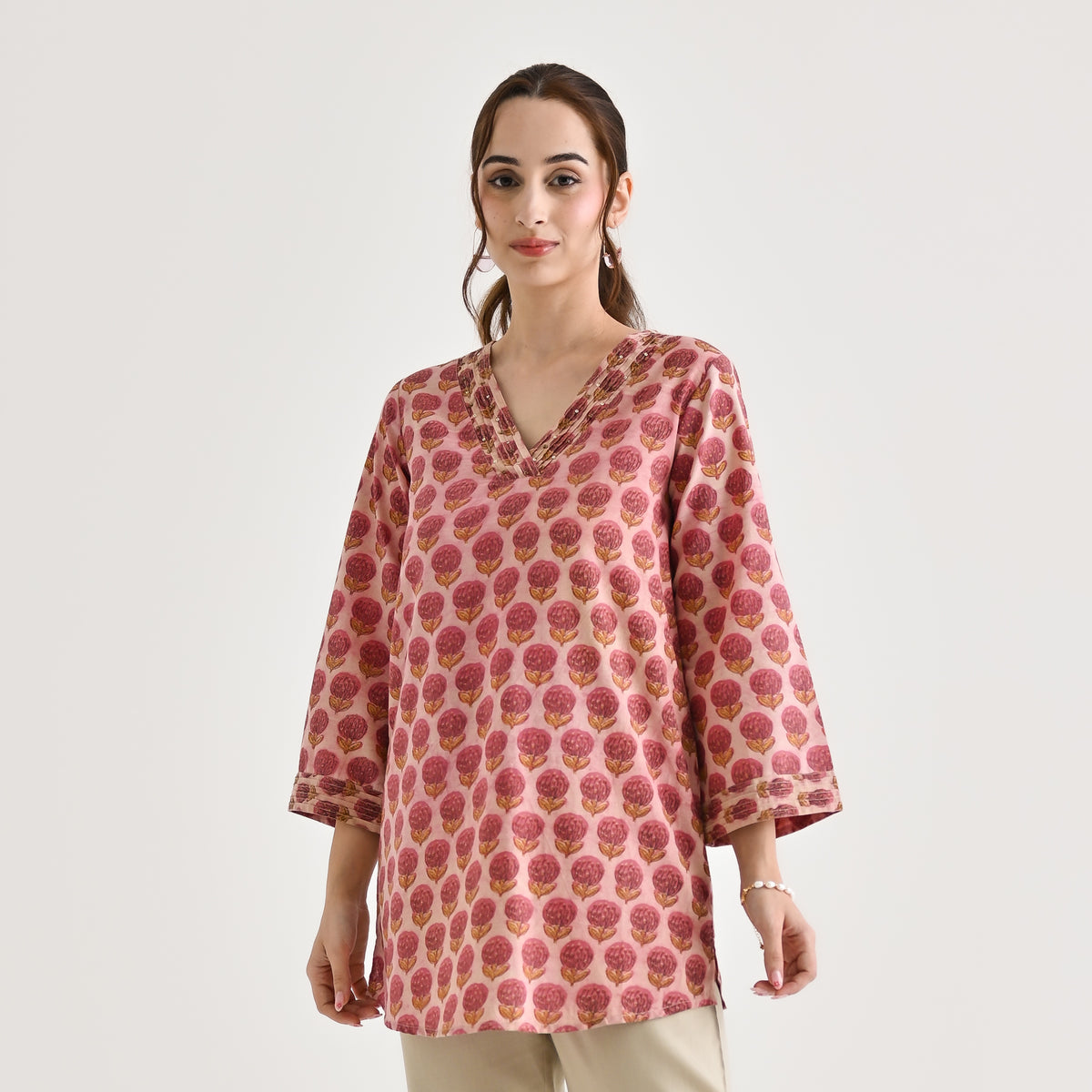 Pink Sanganeri Inspired Floral Cotton Tunic with Pintuck Neckline