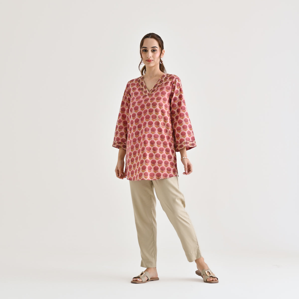 Pink Sanganeri Inspired Floral Cotton Tunic with Pintuck Neckline