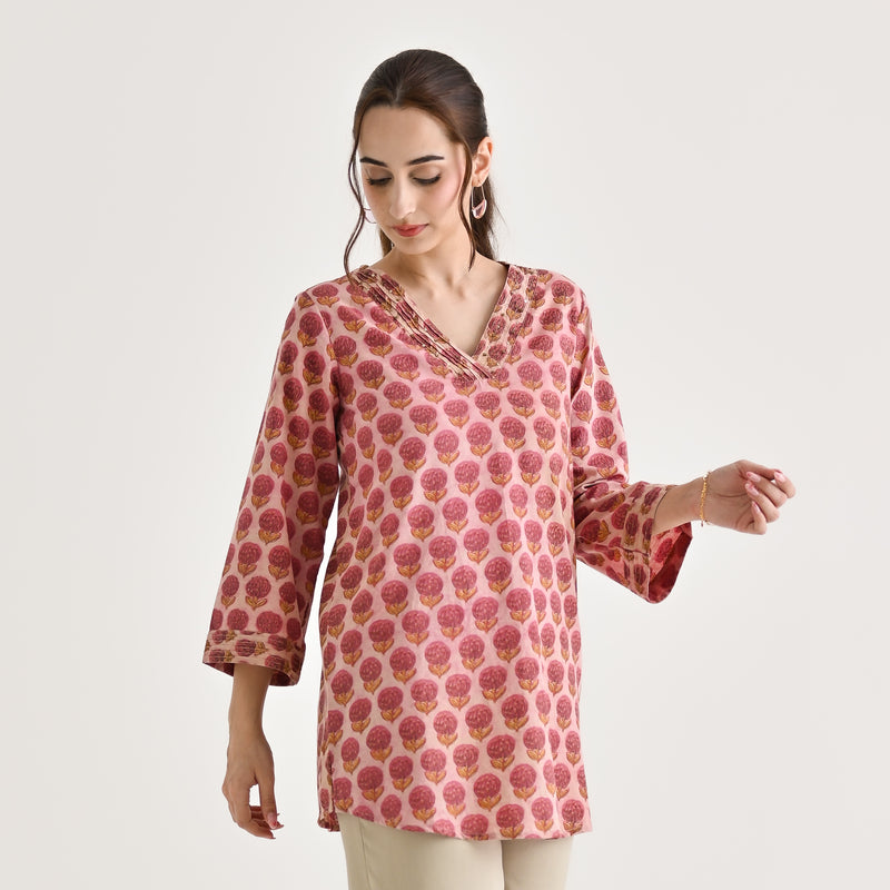 Pink Sanganeri Inspired Floral Cotton Tunic with Pintuck Neckline