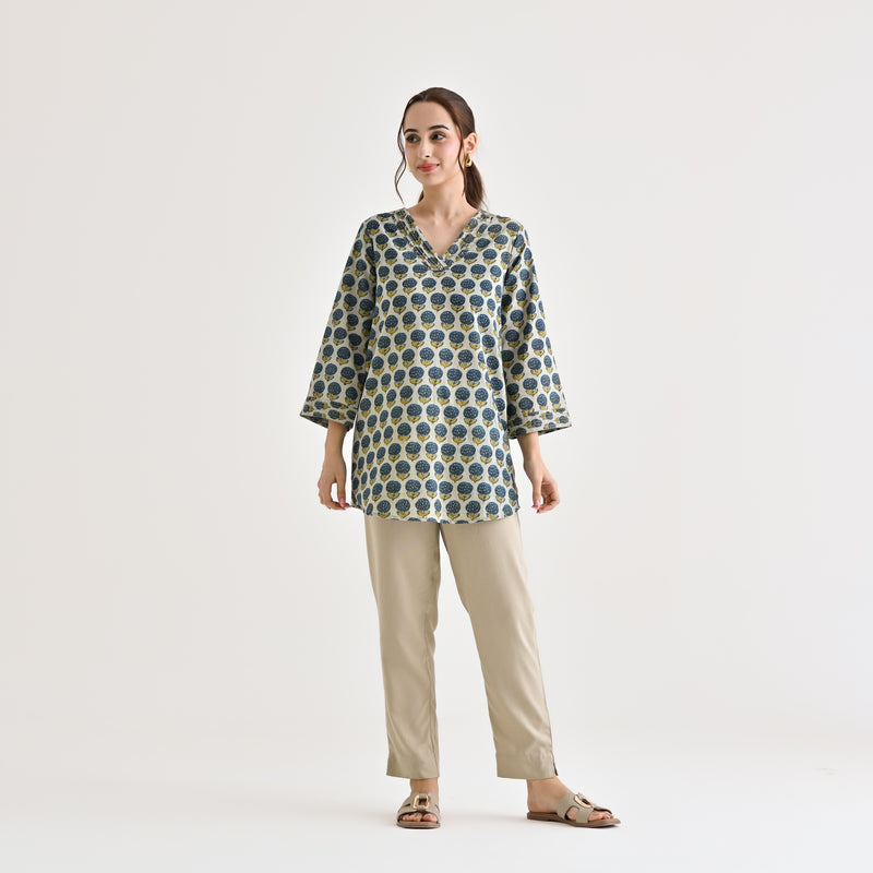 Indigo Sanganeri Inspired Floral Cotton Tunic with Pintuck Neckline