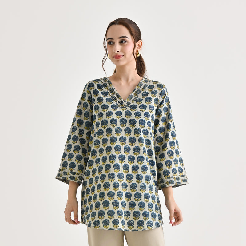 Indigo Sanganeri Inspired Floral Cotton Tunic with Pintuck Neckline