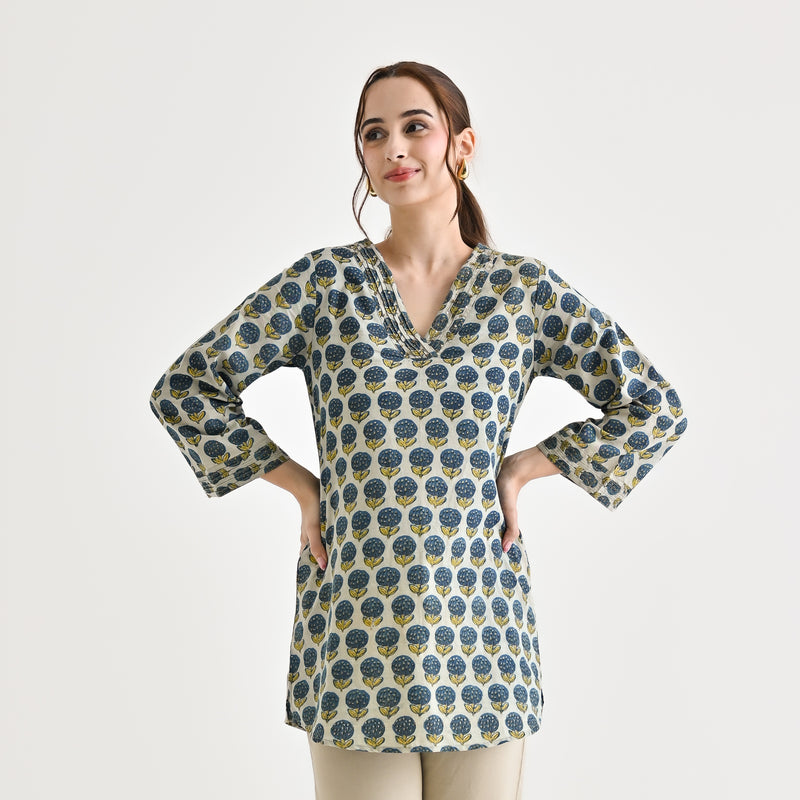 Indigo Sanganeri Inspired Floral Cotton Tunic with Pintuck Neckline