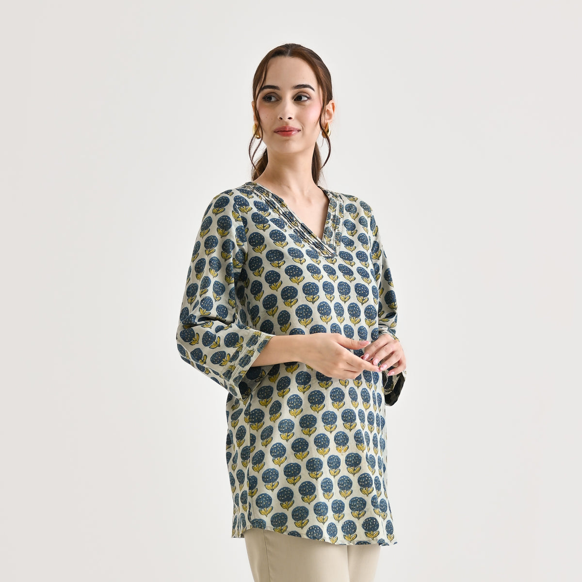 Indigo Sanganeri Inspired Floral Cotton Tunic with Pintuck Neckline